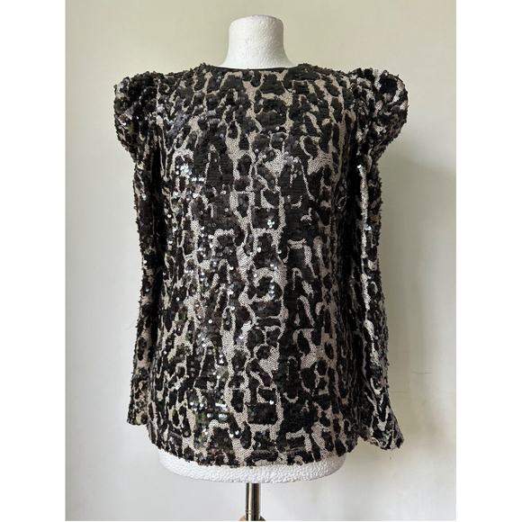 Very Tops - VERY Sequin Puff Shoulder Cut Out Back Blouse Size 8 Lined